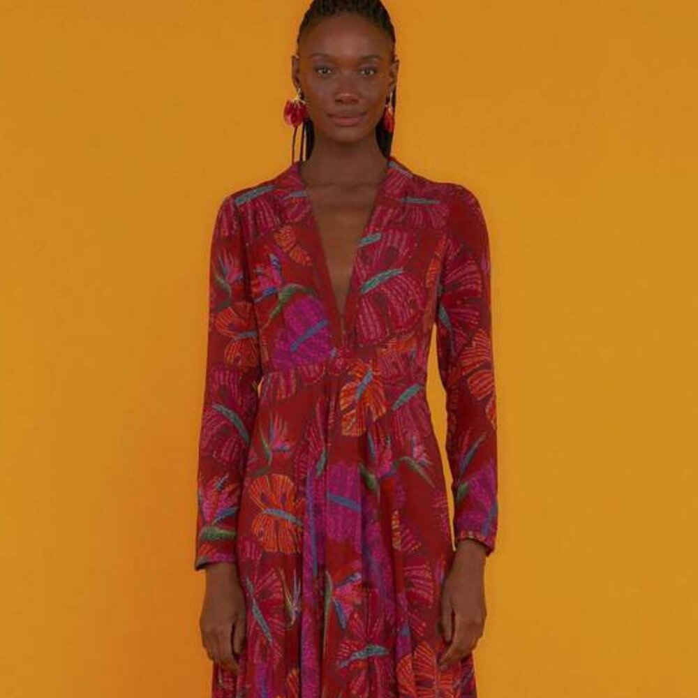 Farm Rio Red Delicate Leaves Maxi Dress
